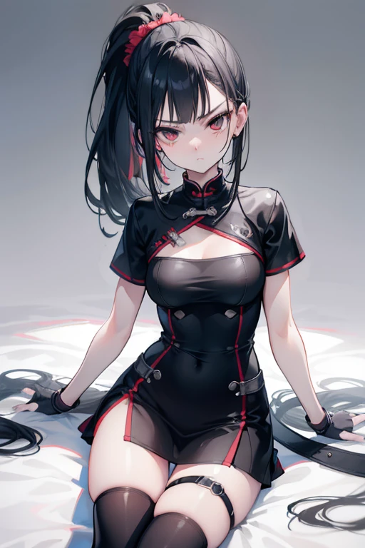one person, High resolution, High resolution, masterpiece, Anatomically correct, accurate, Winner of numerous awards, Textured skin, retina, Black Hair, Split Ponytail, Slim Body,Slanted Eyes, Contempt/angry gaze, Wide-angle shot, Barrette, anaglyph, Unreal Engine, Black Mini Cheongsam,third seats of a Alphard,,No sleeve,race,AA-cup,Over the knee socks,Makeup that doesn't suit me,シースルー
