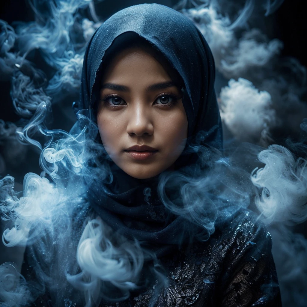 Mysterious captivating image
A 30-year-old Indonesian woman is surrounded by thick smoke. The smoke is blue with fine streaks of white lightning, translucent and billowing, creating an eerie and enchanting atmosphere. The woman has a captivating gaze and is wearing a bright black hijab and Muslim dress. shimmering with mysterious energy. The background is a dark void, with thick smoke creating a sense of curiosity and otherworldly clarity. very detailed.