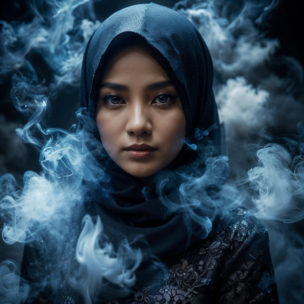 Mysterious captivating image
A 30-year-old Indonesian woman is surrounded by thick smoke. The smoke is blue with fine streaks of white lightning, translucent and billowing, creating an eerie and enchanting atmosphere. The woman has a captivating gaze and is wearing a bright black hijab and Muslim dress. shimmering with mysterious energy. The background is a dark void, with thick smoke creating a sense of curiosity and otherworldly clarity. very detailed.