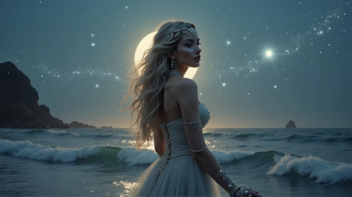 A hyperrealistic and deeply fantastical image of a woman who represents the zodiac sign of Cancer. Her hair, long and wavy, it is adorned with pearls and small seashells that reflect the moonlight. She wears a silver dress with a design reminiscent of the waves of the sea, with a corset decorated with details that imitate the claws of a crab, subtly intertwined with golden threads that shine like sand under the sun. Her makeup is mystical, with eyeshadow that recreates a nocturnal ocean, with sparkles of stars and lunar reflections, while her lips have a soft pearly sheen that evokes the reflected light in the water.

In your head, a crescent moon-shaped tiara made of crystals that change color according to the light, reinforcing the connection with the moon and tides. In your hands, transparent gloves decorated with seaweed and bubble motifs, that extend to her elbows.

The background is an ocean under the light of a bright full moon, with waves that seem to be suspended in time, shining with ethereal lights. Around the woman,  The sky is full of shooting stars and constellations forming mystical patterns.. The scene is enveloped in a luminous mist that connects the sky with the sea, creating a dreamlike and magical atmosphere. Everything in the image, from the colors to the composition, it is designed to capture the aquatic essence, emotional and protective of Cancer, while the fantasy effects make the scene spectacular and unique, as if it were the work of a photographer of magical worlds.