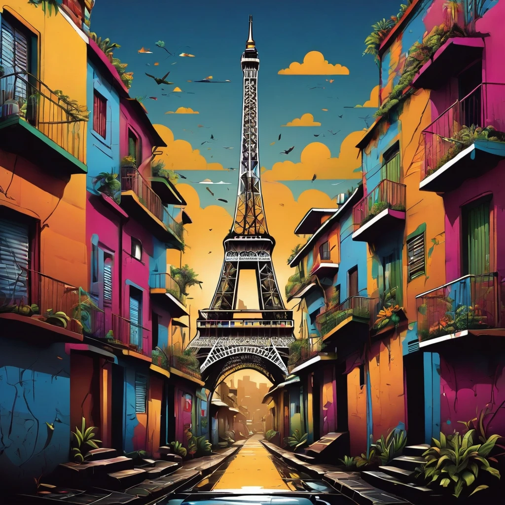 Vector t-shirt art design, centered, Eifell Tower in the middle of a favela, Brazil, Afrofuturism, plants, eifell tower made of houses in a favela, ultra quality, intricate details, cinematic lighting