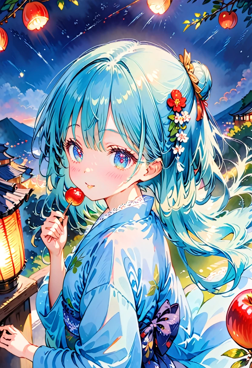 masterpiece, best quality, extremely detailed, (illustration, official art:1.1), 1 girl ,(((( light blue long hair)))), ,(((( light blue long hair)))),light blue hair, , long hair ((blush)) , cute face, big eyes, masterpiece, best quality,(((((a very delicate and beautiful girl))))),Amazing,beautiful detailed eyes,blunt bangs((((little delicate girl)))),tareme(true beautiful:1.2), sense of depth,dynamic angle,,,, affectionate smile, (true beautiful:1.2),,(tiny 1girl model:1.2),)(flat chest) 、cute girl, yukata, watercolor, clear, anime style illustration, cute illustration, beautiful detail, fain touch outline, cute girl is eating a apple candy,  delicious looking, japanese festival, night, cute illustration, best quality, top quality, masterpiece, ultra detailed, beautiful detail,hair bun and hair ornament
