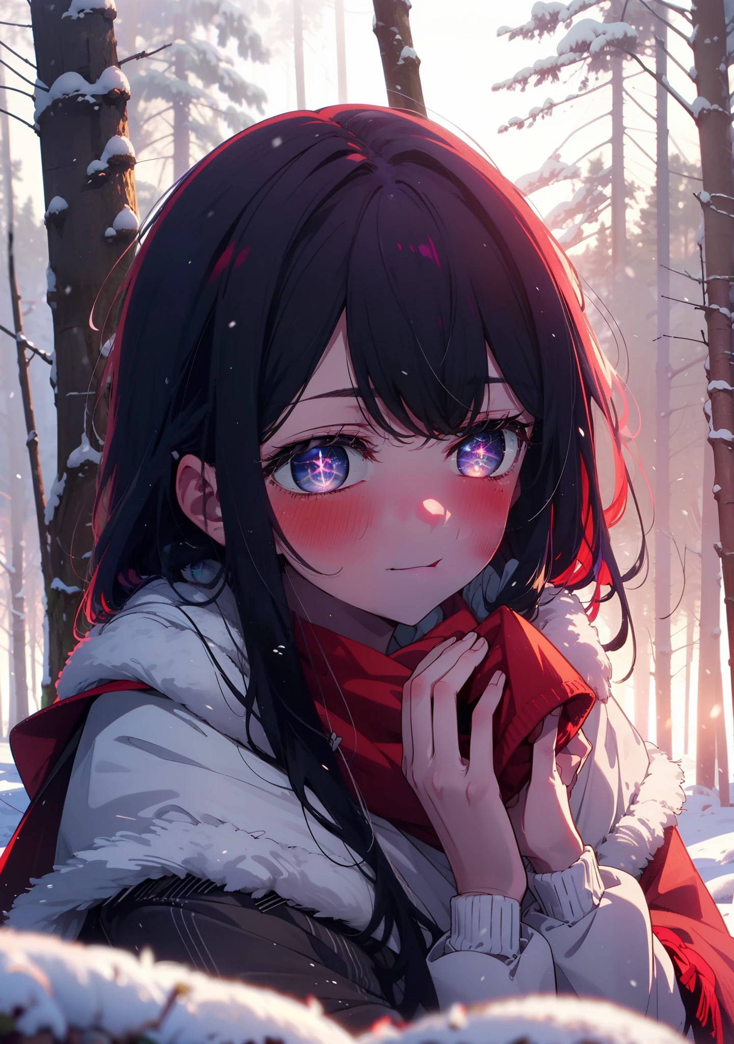 aihoshino, Ai Hoshino, Long Hair, bangs, (Purple eyes:1.1), Purple Hair, (Symbol-shaped pupil:1.5), smile,,smile,blush,white breath,
Open your mouth,snow,Ground bonfire, Outdoor, boots, snowing, From the side, wood, suitcase, Cape, Blurred, , forest, White handbag, nature, Squat, Mouth closed, Cape, winter, Written boundary depth, Black shoes, red Cape break looking at viewer, Upper Body, whole body, break Outdoor, forest, nature, break (masterpiece:1.2), Highest quality, High resolution, unity 8k wallpaper, (shape:0.8), (Beautiful and beautiful eyes:1.6), Highly detailed face, Perfect lighting, Extremely detailed CG, (Perfect hands, Perfect Anatomy),