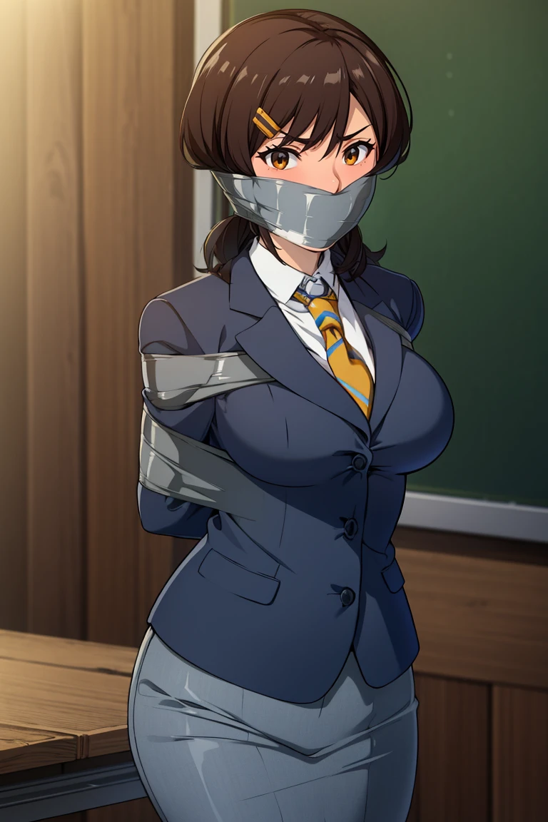 1 girl, brown hair, medium hair, wavy hair, , improvised gag, tape gag, gagged, duct tape, tape bondage, arms behind back, bound arms, large breast, school uniform, blazer, tie, classroom, cowboy shot, looking at viewer, hair clip,