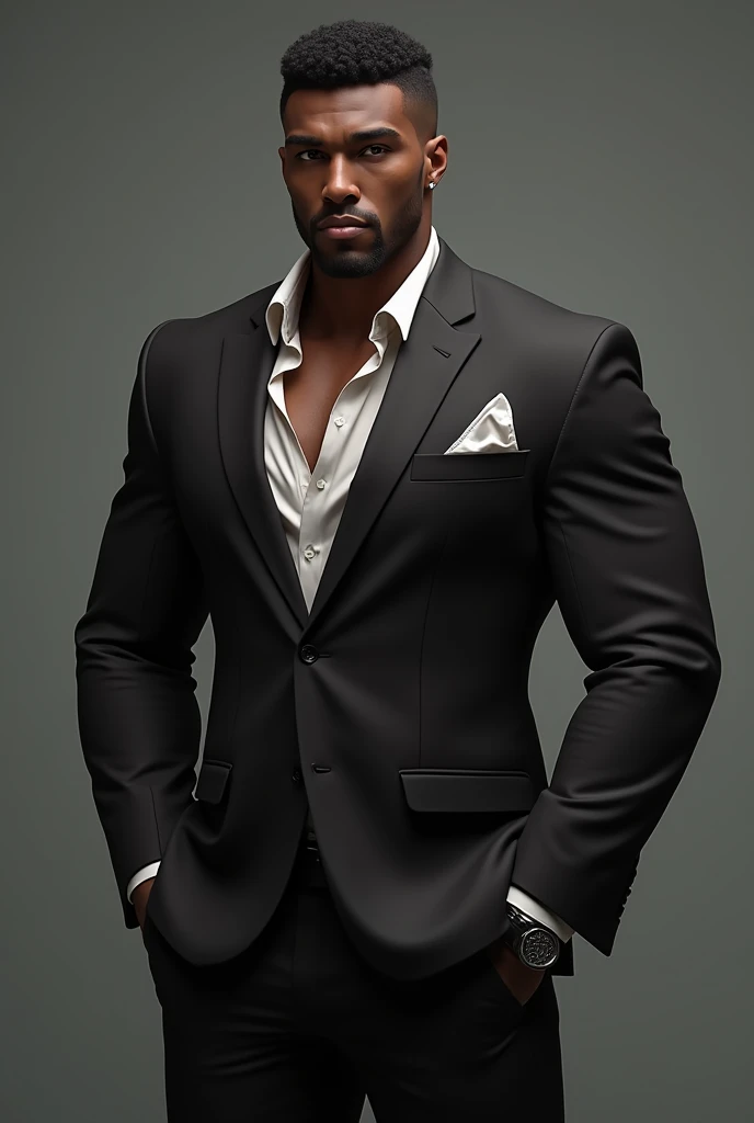 Un mec noir , muscle avec des cheveux noirs peu long.Standing at 6'2" tall and well-dressed.