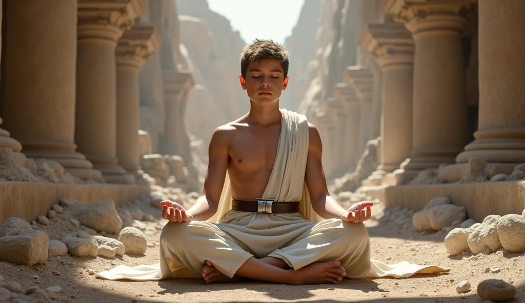 a jedi eays boy, with white monnts, shirtless, light brown short hair and ice blue eyes, toned body, Abandoned jedi temple as a backdrop, frontal, meditating, smooth body