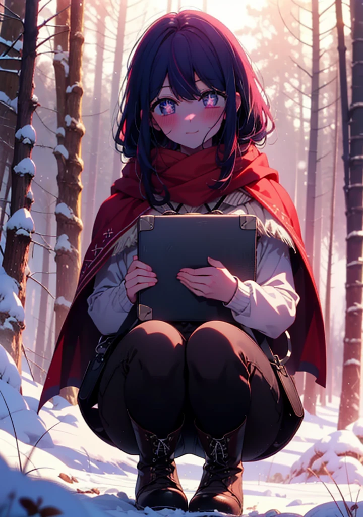 aihoshino, Ai Hoshino, Long Hair, bangs, (Purple eyes:1.1), Purple Hair, (Symbol-shaped pupil:1.5), smile,,smile,blush,white breath,
Open your mouth,snow,Ground bonfire, Outdoor, boots, snowing, From the side, wood, suitcase, Cape, Blurred, , forest, White handbag, nature, Squat, Mouth closed, Cape, winter, Written boundary depth, Black shoes, red Cape break looking at viewer, Upper Body, whole body, break Outdoor, forest, nature, break (masterpiece:1.2), Highest quality, High resolution, unity 8k wallpaper, (shape:0.8), (Beautiful and beautiful eyes:1.6), Highly detailed face, Perfect lighting, Extremely detailed CG, (Perfect hands, Perfect Anatomy),