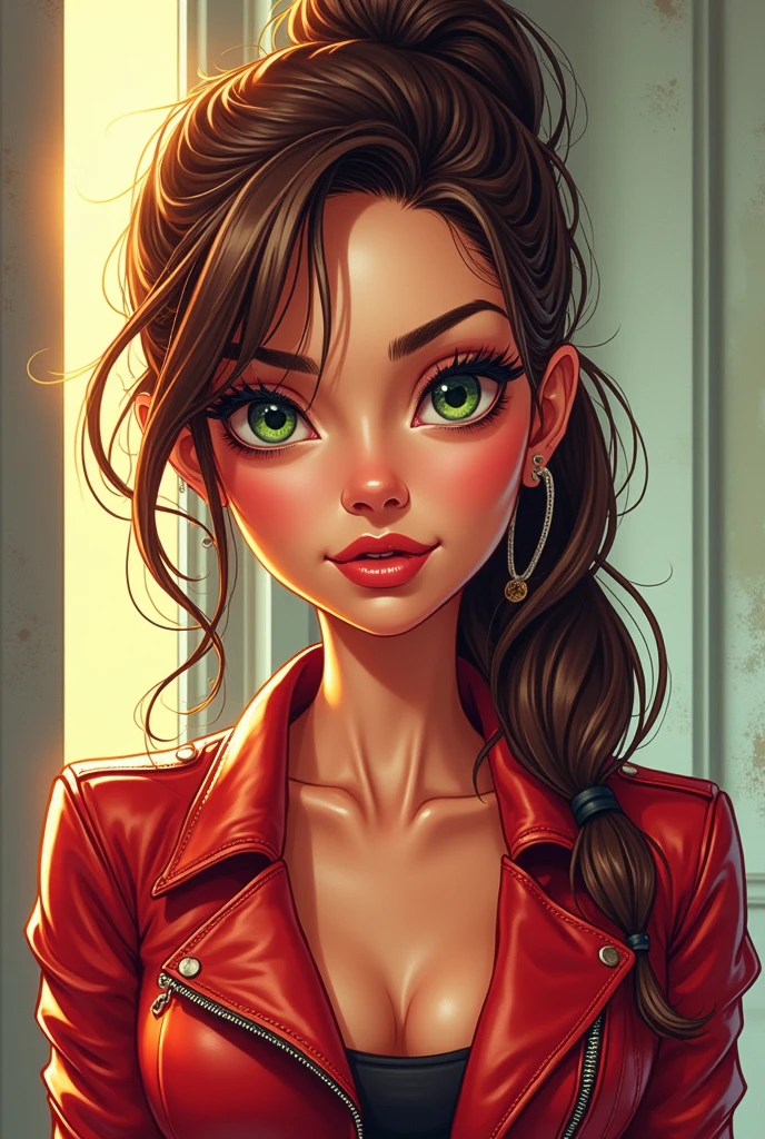 (beste-Qualit: 0,8), perfect anime illustration, Portrait en plan large de Kristin Kreuk, Caricature de Kristin Kreuk avec des cheveux avec queue de cheval bruns ,(masterpiece),blouson en cuir rouge, yeux vert magnifiques, digital portrait, Digital cartoon, Illustration WikiHow, Detailed illustration portrait, Digital illustration -, Matte digital illustration, Comic book portrait, Colour digital illustration, Stylized portrait, digital art portrait,(beste-Qualit),(highly quality)fond lumineux