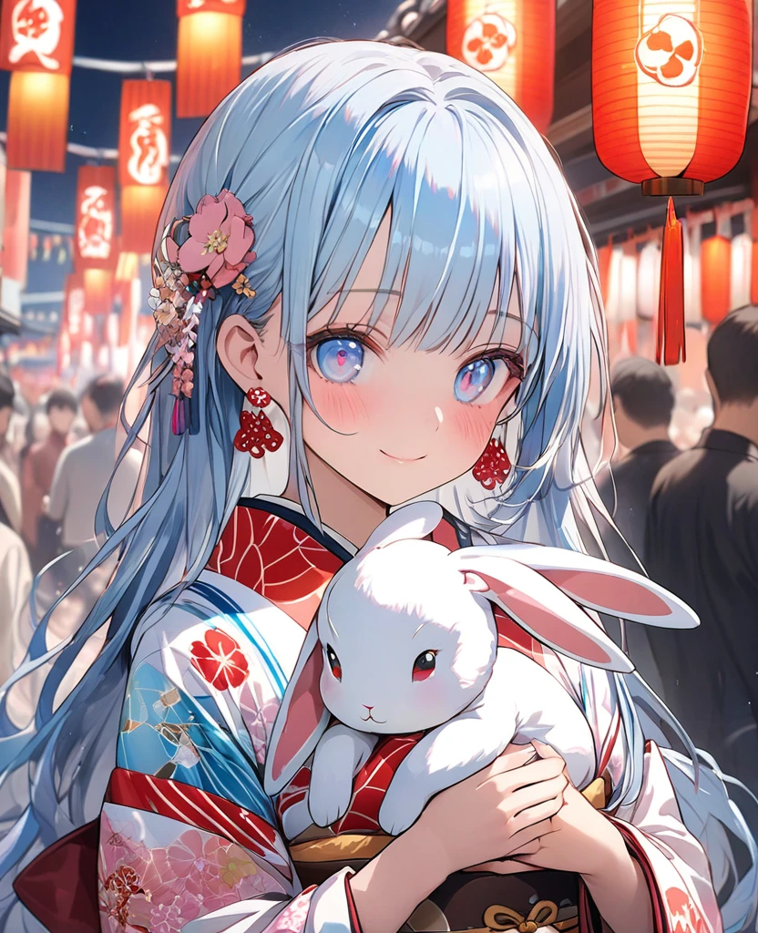 masterpiece, best quality, extremely detailed, (illustration, official art:1.1), 1 girl ,(((( light blue long hair)))), ,(((( light blue long hair)))),light blue hair, , long hair ((blush)) , cute face, big eyes, masterpiece, best quality,(((((a very delicate and beautiful girl))))),Amazing,beautiful detailed eyes,blunt bangs((((little delicate girl)))),tareme(true beautiful:1.2), sense of depth,dynamic angle,,,, affectionate smile, (true beautiful:1.2),,(tiny 1girl model:1.2),)(flat chest) 、,an extremely delicate and beautiful,Beautiful and realistic skin,Shiny jewel-like earrings,Long colorful hair,beautiful eyes,whole body,head to toe,beautiful regs,beautiful Traditional Japanese Happi coat,summer festival 、( Cute stuffed rabbit, )