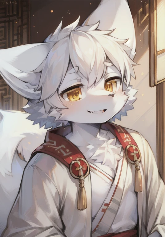 (Best image quality),(masterpiece),(((The only person))),(Very detailed),(Male Arctic fox:1.5), (White skin:1.3), hairy，(White fur:1.3),((Golden Eyes)) ,(Gray ears),(hairy动物耳朵)，((Wearing ancient Chinese robes))，Open your mouth slightly，Smile，Small fangs，In the Chinese room，Natural Lighting，Complex background,Delicate face，Details on the face，character focus，Detailed clothes，Upper Body，Depth of Field，Perfect lighting，Light Particles，Clear focus，Light Particles，Solitary，Front view