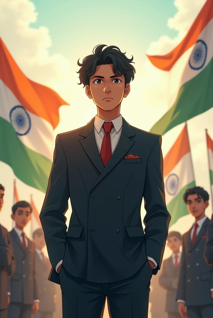 A anime boy age 23 Indian Independence day in suit pant and he is very serious