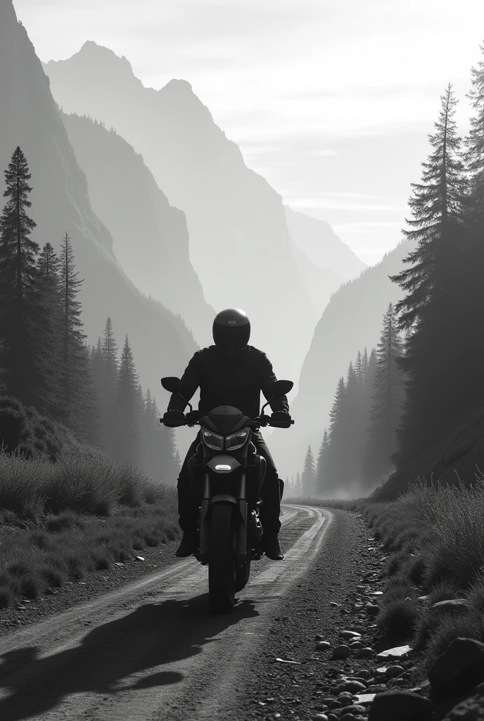 Create a black and white image of a lone motorcyclist in the wilderness