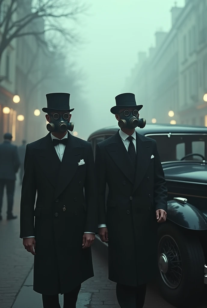 Thick Fogに包まれた1930sのロンドンにて、Men and women dressed for a ball get out of a black car.、They are both wearing gas masks for poison gas.、Thick Fog、1930s、