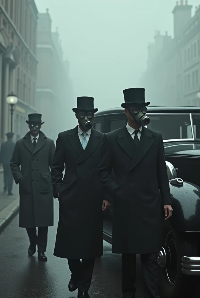 Thick Fogに包まれた1930sのロンドンにて、Men and women dressed for a ball get out of a black car.、They are both wearing gas masks for poison gas.、Thick Fog、1930s、
