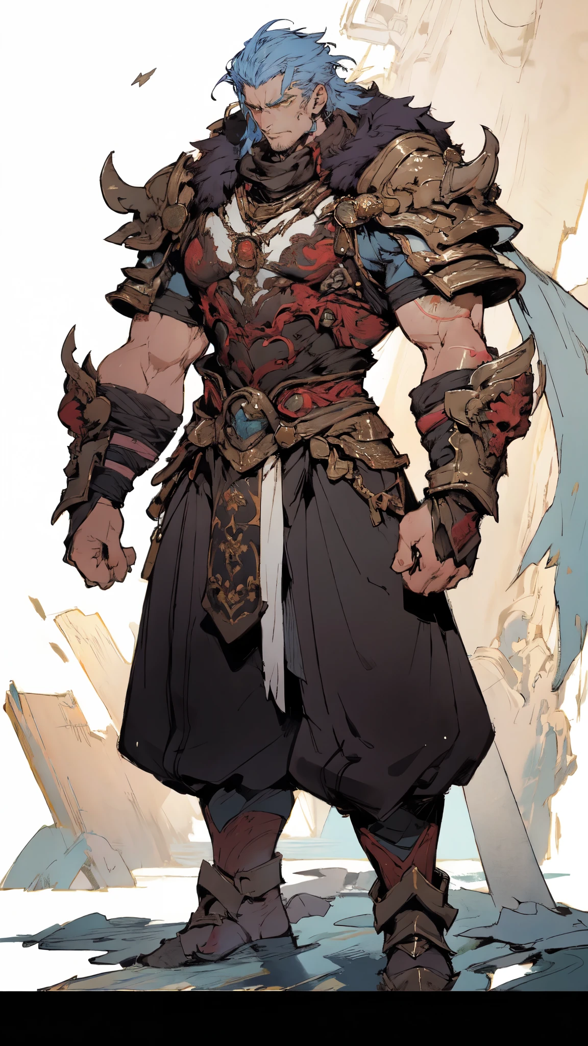 (masterpiece:1.2, best quality:1.2, extremely delicate:1.2), a middle-aged man, wild disheveled long hair streaked in red and black, a rugged and imposing face, a lightning-shaped tattoo on the left side of his face, sharp eyes, a confident smile, a tall and muscular build, a fantasy martial arts-style short-sleeved coat, form-fitting scale armor underneath, a black fur shawl drapes over his shoulders, wrist guards, matching canvas trousers, stands majestically on shattered ground, surrounded by floating debris, this character embodies a finely crafted fantasy martial arts-style overlord in anime style, exquisite and mature manga art style, dramatic, high definition, highres, ultra-detailed, ultra-fine painting, professional, perfect body proportions, golden ratio, anatomically correct, symmetrical face, extremely detailed eyes and face, high quality eyes, creativity, RAW photo, UHD, 32k, Natural light, cinematic lighting, (masterpiece-anatomy-perfect:1.2)