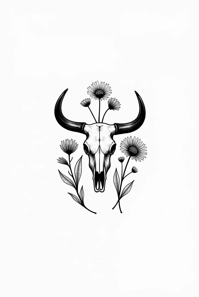 draw me a black and white tattoo. the scull of a long horn cow with the horns but add the birth flowers from january, march, may, august and september