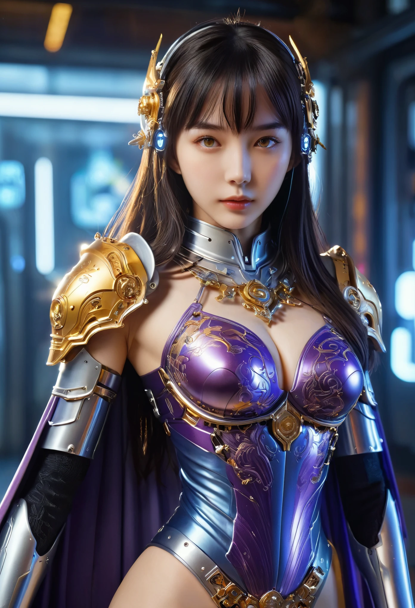 (Best Quality, 4K, 8K, High Resolution, Masterpiece: 1.2), (Super Detailed, Realistic, Photorealistic:1.37), A woman in futuristic clothing, Trending on cgstation, Trending on cgstation, (Portrait of a girl in the Knights of the Zodiac:1.4), blunt bangs, Cute Cyborg Girl, Perfect android girl, Portrait Astronaut Girl, Beautiful girl cyborg, (Girl wearing iridescent purple mechanical cyber armor:1.3), Game CG, cgsociety and fenghua zhong, Beautiful Cyborg Shrine Maiden, Bioluminescence, (Yua Yaiba:0.5), (Golden eyes:1.5), Anatomically correct grip, (Sharp and long claws:1.4), erotic and sexy, black, wearing A gorgeous cape with beautifully detailed embroidery