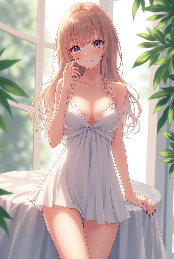 beautiful anime girl, similar to mai sakurajima, with a beautiful body shape, in a short white skirt and white stockings, very sweet)