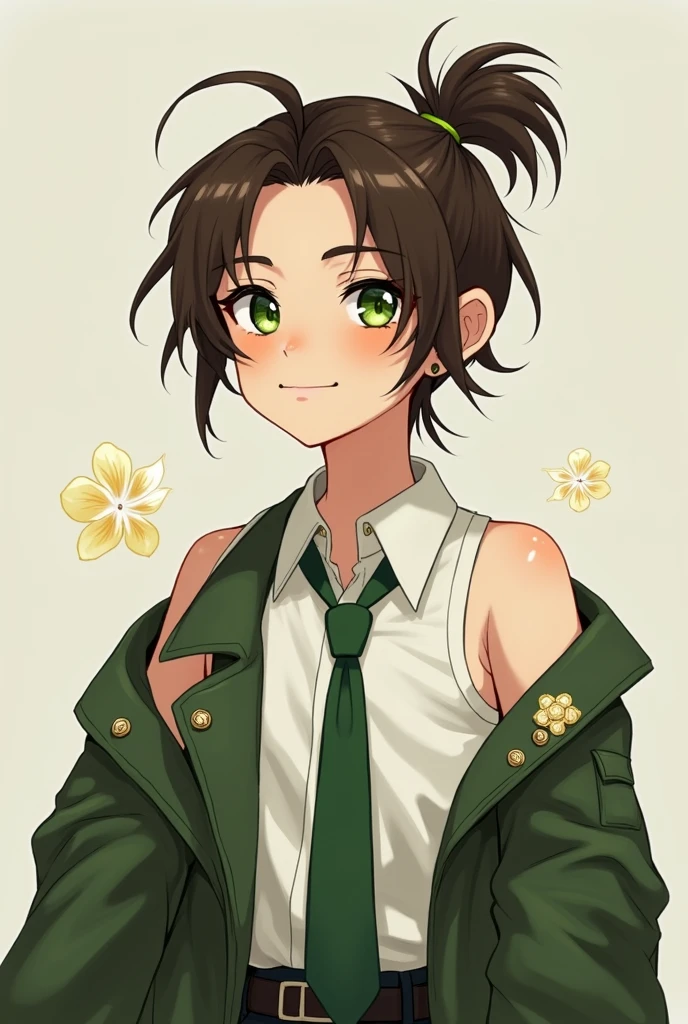 A , brown ponytail, white skin, short man, green eyes, masterpiece, punk jacket, white shirt, green tie, open shoulders, open sleeves, light smile, flower, quiet, restrained, (concept art)