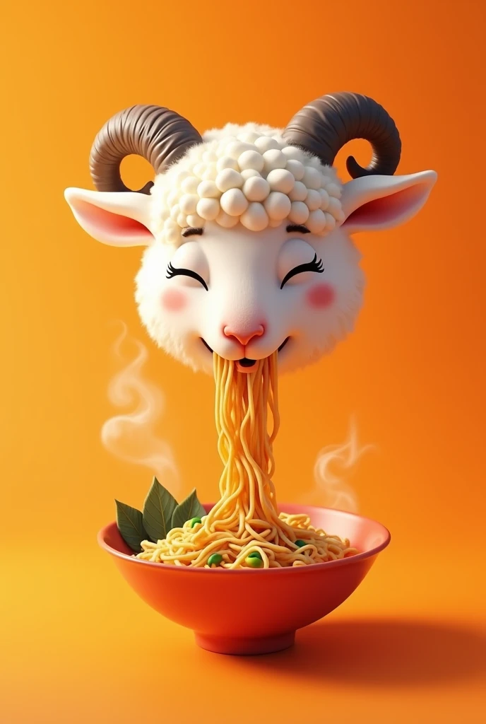 Floating head logo of a lamb eating ramen, in the direction , slightly to one side, With horns, winking, on an orange background 