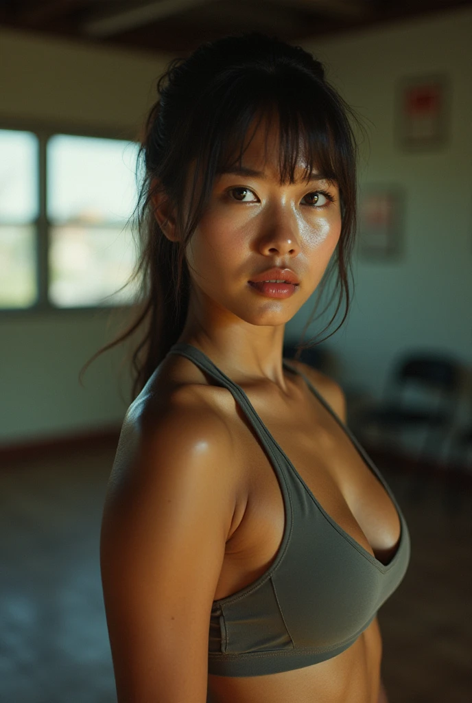 analog film photo, photo of a age street fighter, female, amber eyes, ponytail with shaggy bangs, tan complexion, Japanese ethnicity, beautiful face, natural beauty, sharp facial features, Amazonian stature, toned hourglass figure, muscular, busty bosom, full wide hips, plump round buttocks, wearing an athletic top and spandex shorts, posing in an underground fight club, sweaty skin, damp clothes, RAW Photograph, dslr, soft lighting, high quality, film grain, Fujifilm XT3, detailed skin with visible pores, insane details, masterpiece, 8k, 35mm photograph, dslr, kodachrome, faded film, desaturated, grainy, vintage, Lomography, stained, highly detailed, found footage, full-body shot
