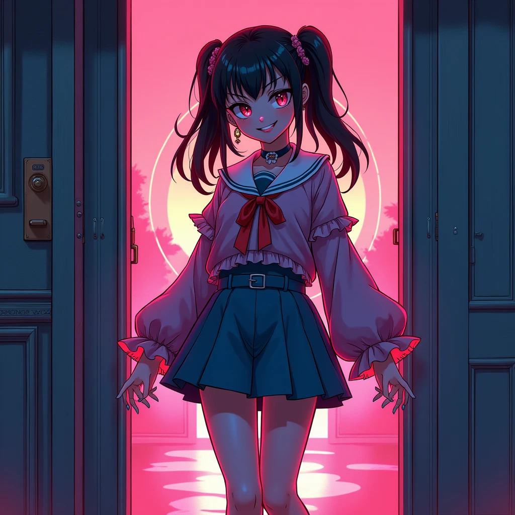 ,создай картинку full body shot, in neon colors, anime style, the girl should be in full growth, the girl should not be looking at the camera, the girl should have a crazy and evil smile, The girl should be full-length., The girl should stand with the door ajar.