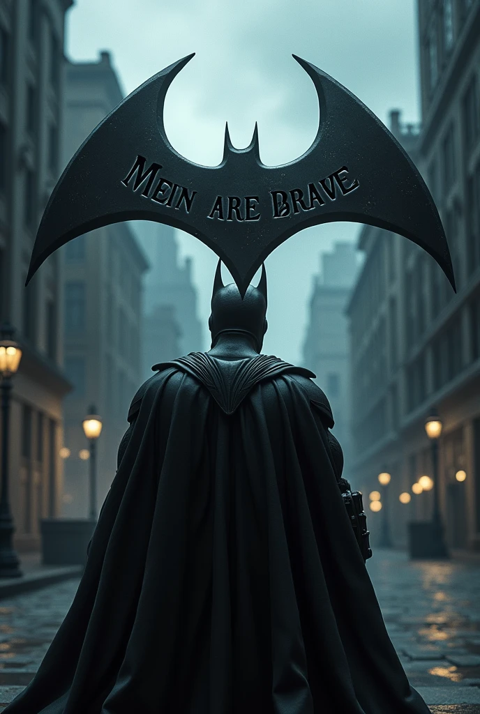 Men are brave Batman dialogue written on batarang with batman