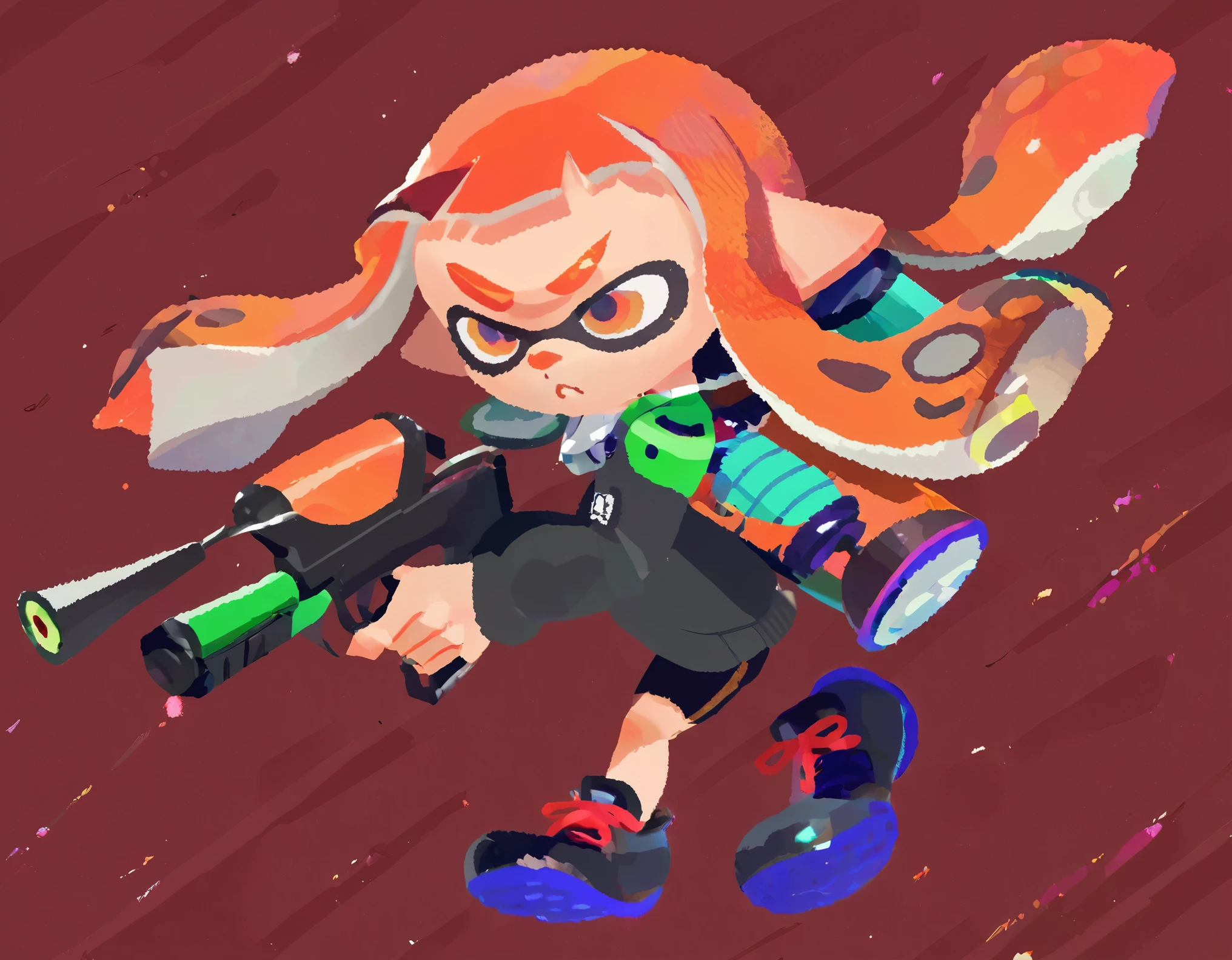 1girl, solo, inkling, splatoon girl, sideshot, motion lines, run, Running with a gun, A serious face, but the corners of his mouth are turned up, 