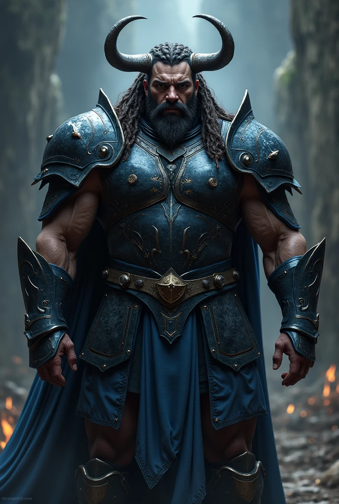 generate images of a large muscular man with hair braid into two parts like horns curved towards his back
in black and blue coloured armour