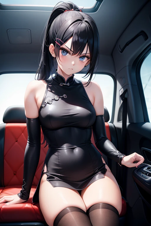 one person, High resolution, High resolution, masterpiece, Anatomically correct, accurate, Winner of numerous awards, Textured skin, retina, Black Hair, Split Ponytail, Slim Body,Slanted Eyes, Contempt/angry gaze, Wide-angle shot, Barrette, anaglyph, Unreal Engine, Black Mini Cheongsam,third seats of a Alphard,Teen,No sleeve,race,AA-cup,Over the knee socks,Makeup that doesn't suit me,シースルー