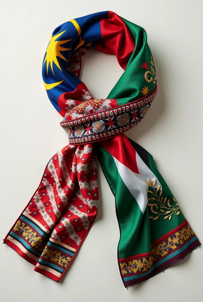 design a mafla scarf with half of the scarf is malaysian flag and batik design with "bunga raya" with write the 67 for independence day and other half of the scarf is Palestine flag with Palestine's embroidery and olive and write a text with is free Palestine 