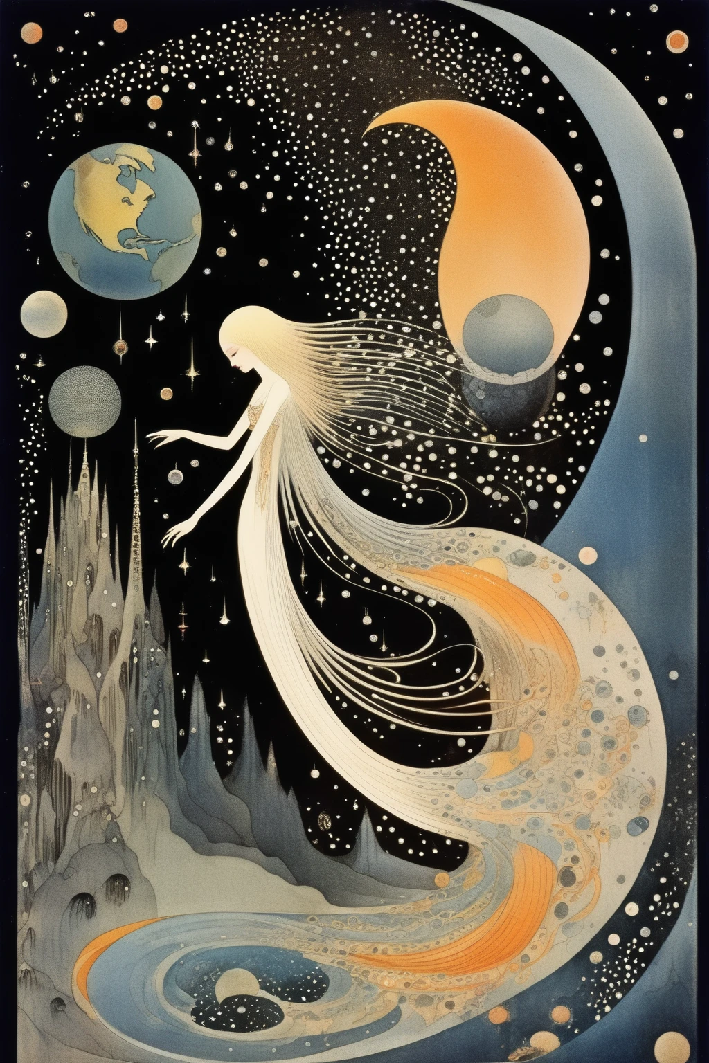 Kay Nielsen Style - Kay Nielsen Style. Outer space. The earth is about to shatter. The goddess dances while looking down on it.