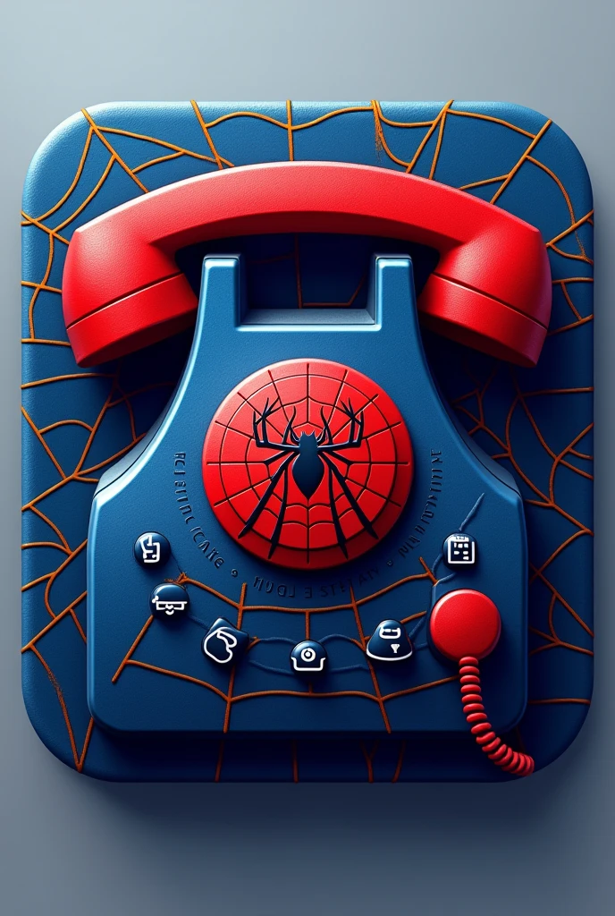 Create a dialer icon inspired by Spider-Man, featuring a vibrant red and blue color scheme with web patterns. The design should include subtle spiderweb motifs in the background, with a stylized phone handset or keypad in the foreground. Incorporate the Spider-Man logo or spider symbol subtly within the design, ensuring that it aligns with the overall theme. The icon should have a modern and sleek look, with a dynamic and energetic feel, capturing the essence of the Spider-Man character while remaining functional and easily recognizable as a dialer icon.