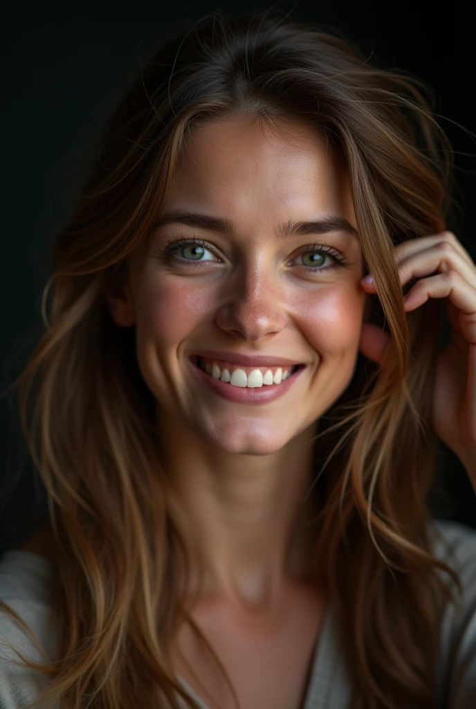 (le bomaarten_V1), un portrait photographique d'une belle femme, (heureux), (sourire), (face portrait:1.5), lumière dramatique , Schéma d'éclairage de Rembrandt, (Hyperréalisme:1.2), (8k euh:1.2), (Photoréaliste:1.2), tourné avec Canon EOS 5D Mark IV, Visage détaillé, Cheveux détaillés, differente positions avec la main dans les cheveux