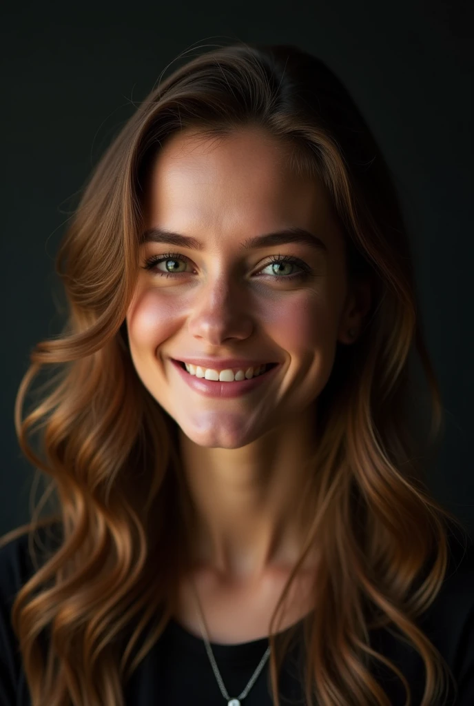 (le bomaarten_V1), un portrait photographique d'une belle femme, (heureux), (sourire), (face portrait:1.5), lumière dramatique , Schéma d'éclairage de Rembrandt, (Hyperréalisme:1.2), (8k euh:1.2), (Photoréaliste:1.2), tourné avec Canon EOS 5D Mark IV, Visage détaillé, Cheveux détaillés, differente positions avec la main dans les cheveux