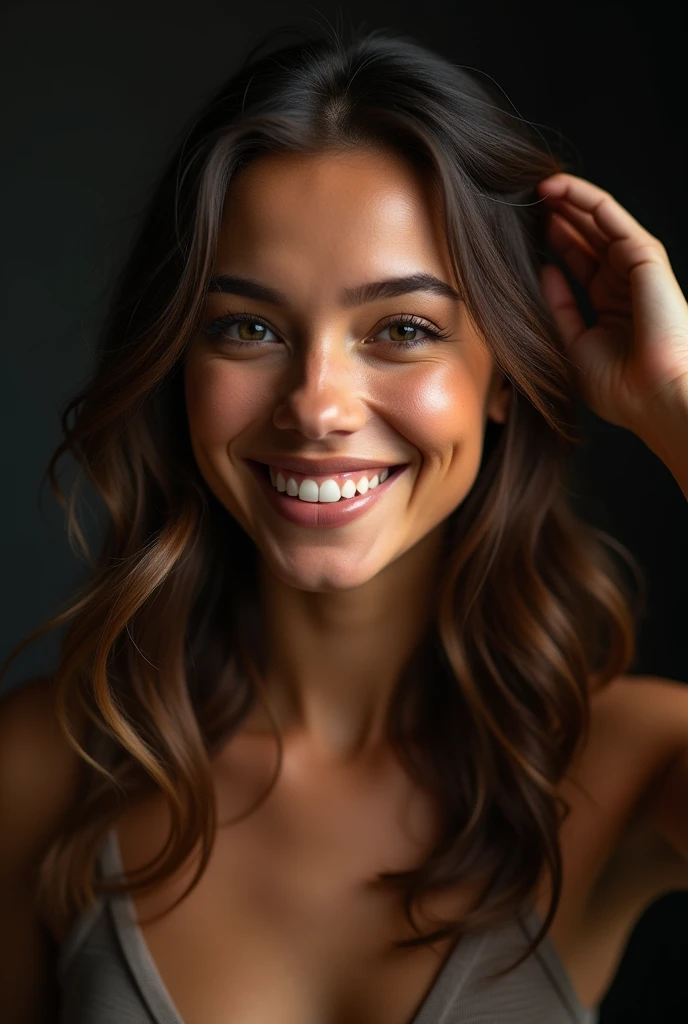 (le bomaarten_V1), un portrait photographique d&#39;une belle femme, (heureux), (sourire), (face portrait:1.5), lumière dramatique , Schéma d&#39;éclairage de Rembrandt, (Hyperréalisme:1.2), (8k euh:1.2), (Photoréaliste:1.2), tourné avec Canon EOS 5D Mark IV, Visage détaillé, Cheveux détaillés, differente positions avec la main dans les cheveux 