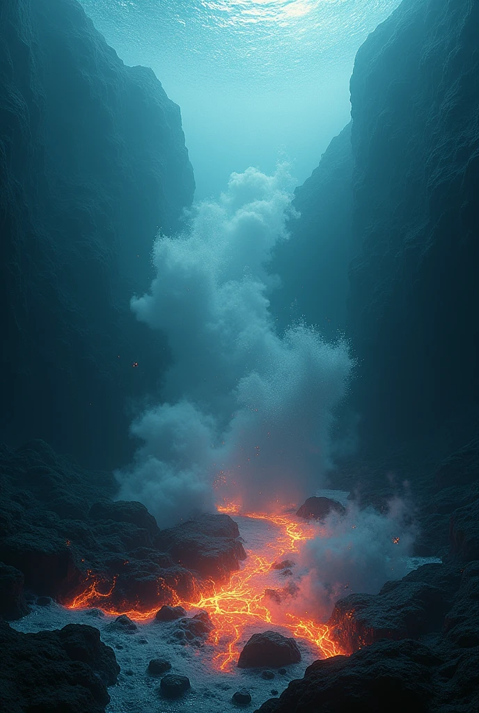 misty water with churning lava in the background, under the ocean