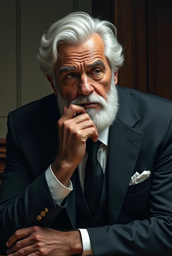 A man in his 40s with white hair and a white beard, blacksad, In a suit and in a position of power "PENSATIVE"