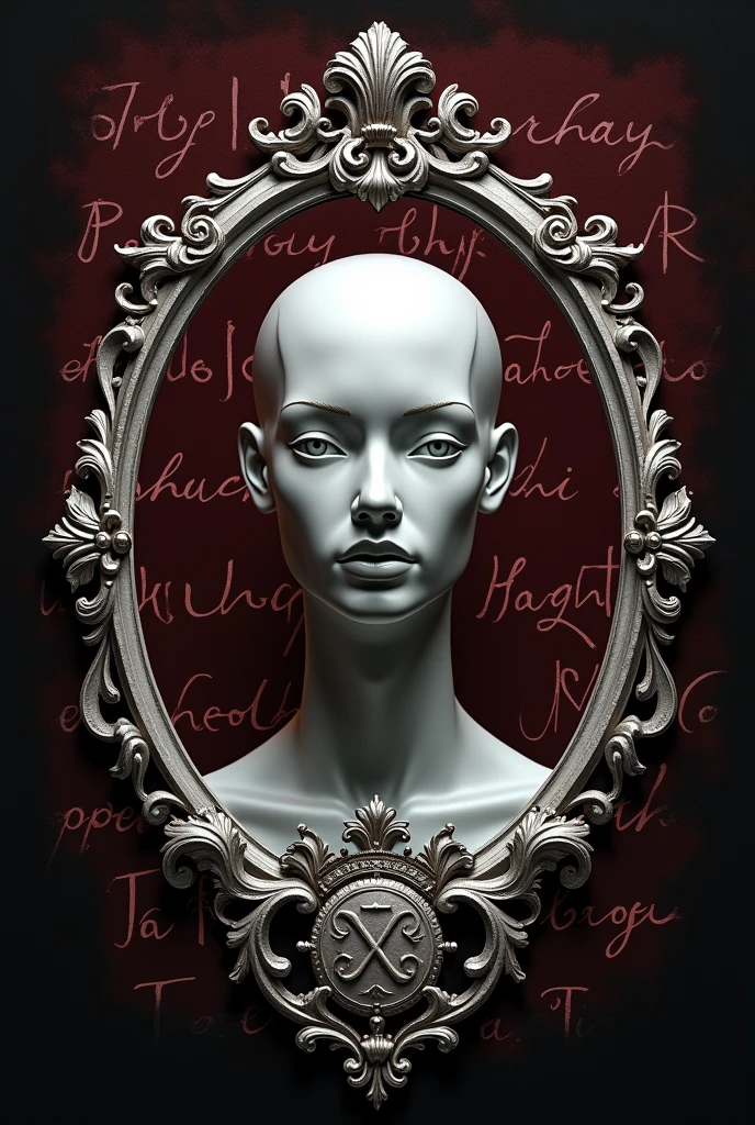 make a black t-shirt print with a rounded mirror in the rococo style in silver with the inside reflecting the face of a mannequin so that it almost fills the entire mirror and looking straight ahead . Behind this mirror the writing "psychology" filling the entire background with the letters in the Renaissance style in dark wine color. on the lower part and centered on the edge of the mirror should contain a coat of arms with the symbol: (Ψ) also in silver and wine