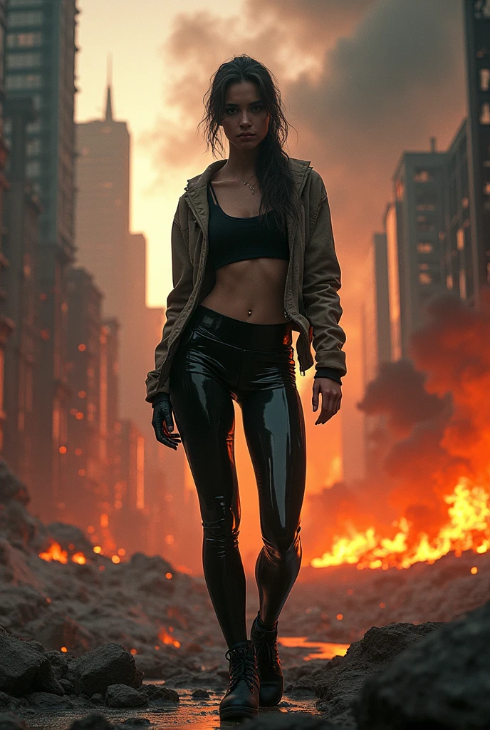 a girl in latex leggings against the background of a burning city with the inscription Multiversum 3 above her