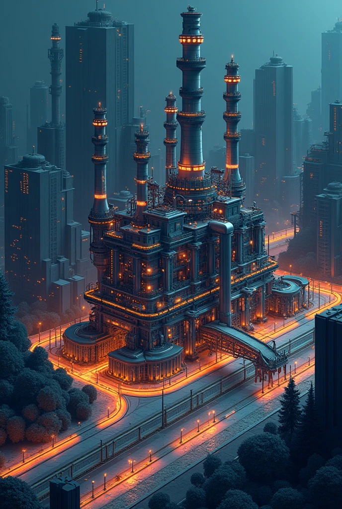 power plant city, best quality, fancy, isometric, estilo knolling de (citys, ), Street, lampposts, eyeshadows, darkness, (simple dark sky background)