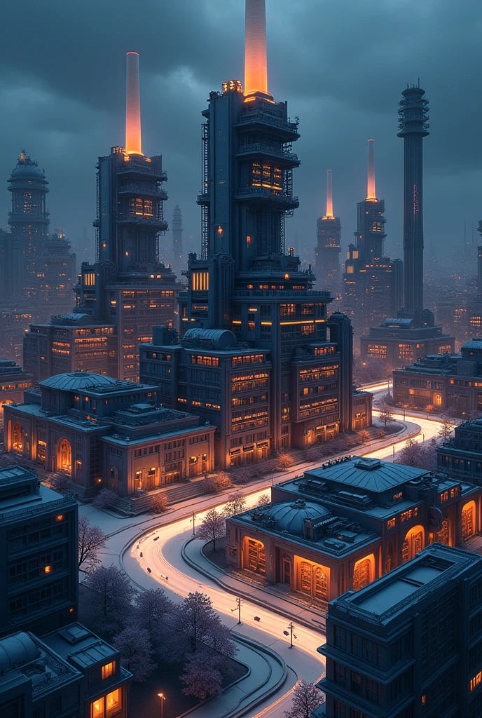 power plant city, best quality, fancy, isometric, estilo knolling de (citys, ), Street, lampposts, eyeshadows, darkness, (simple dark sky background)