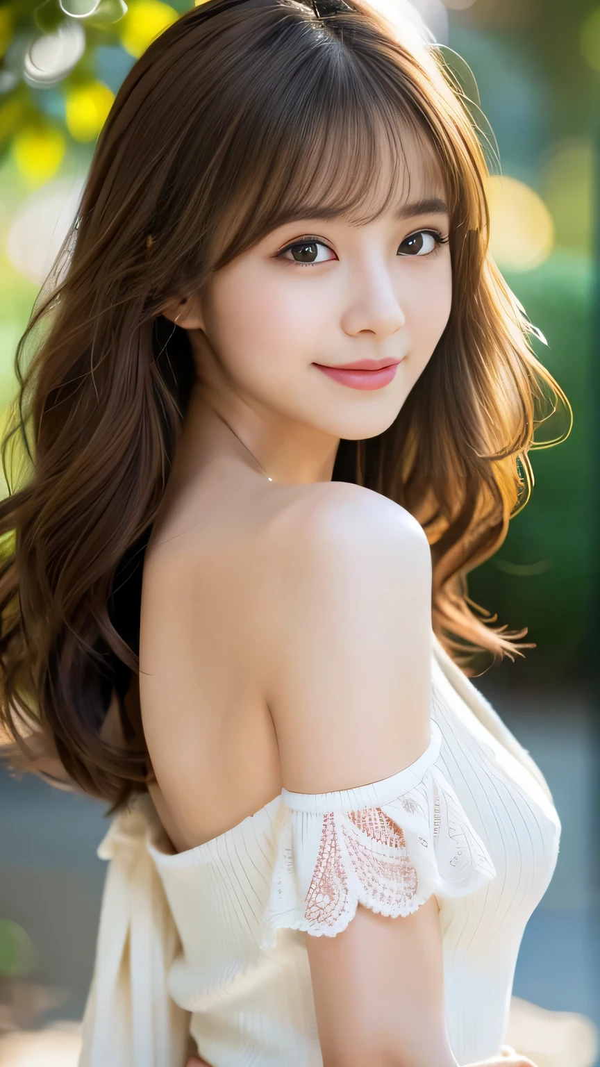 (One person:1.2),(8k, Highest quality, masterpiece), (Realistic, Photorealistic:1.37), Super detailed, Adorable, solo, Cute Japanese Woman,Brown haired,With bangs, curly, Shoulder hair, Beautiful and delicate eyes,The eyes tell the story of a smile,Moisturizes the skin,V-neck white knit,Exciting,Very sexy,Dazzling sunlight、Detailed Background、