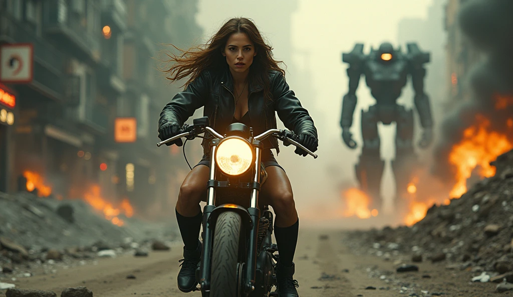 in (full shot:3.1) in (front view, vanish point:3.2) based on the Metal Hurlant, inspired by Philippe Druillet, (in a cyberpunk apocalypse, a sexy woman in garter belts, riding on the front of a motorcycle down a street, a matte painting:2.5), (chased by a giant robot in in background on a road in a chaotic world, with smoke on the horizon:2.4) , thumbnail, science fiction, very detailed body, moody, epic, terrified, insane, (altered reality:2.9), disgusting, disturbing, Impactful, ultra detailed, complex, sharp focus, object texture, intricate details, highly detailed, Real Photo style, hyper-realistic, high dynamic range, rich colors, realistic textures, 8K uhd, high color depth, (cinematic:3.1)