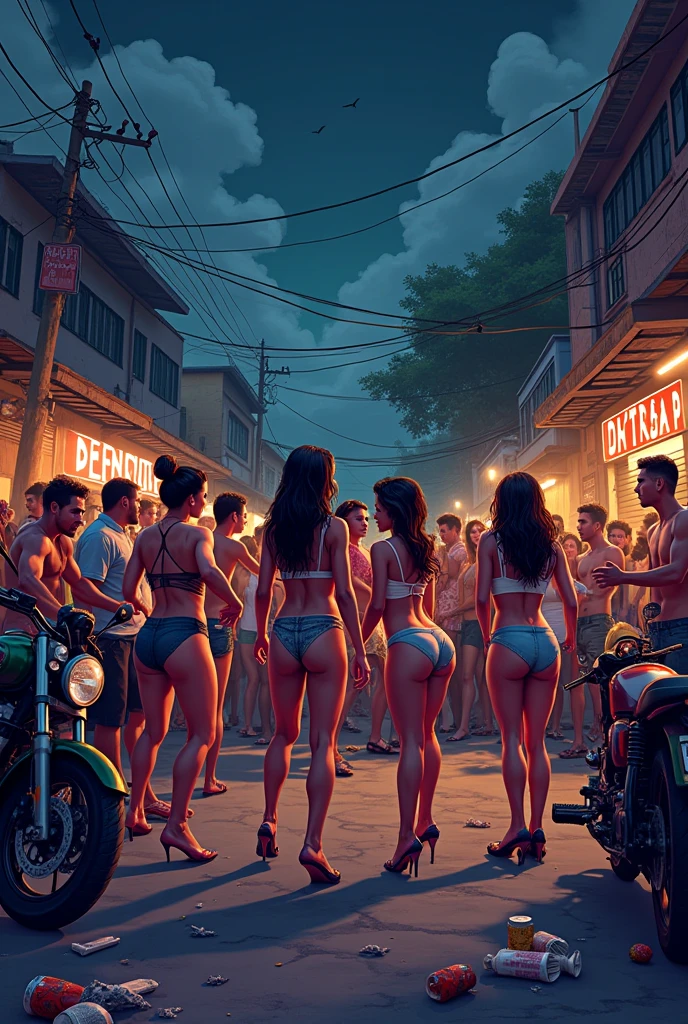 CREATE A PIXEL ART of an image where we have a city party at night, How are the communities of Brazil,where is the funk party taking place?, and whoredom. women dancing in short clothes and tiny bikinis , motorcycles parked, beer cans spilling on the floor and used condoms, 2 or panties thrown on the floor. a vendor with a Styrofoam box on his shoulder. asphalt floor, dog feces, bitten barbecue with flies on top, a couple having sex in the background, In the middle of the crowd.