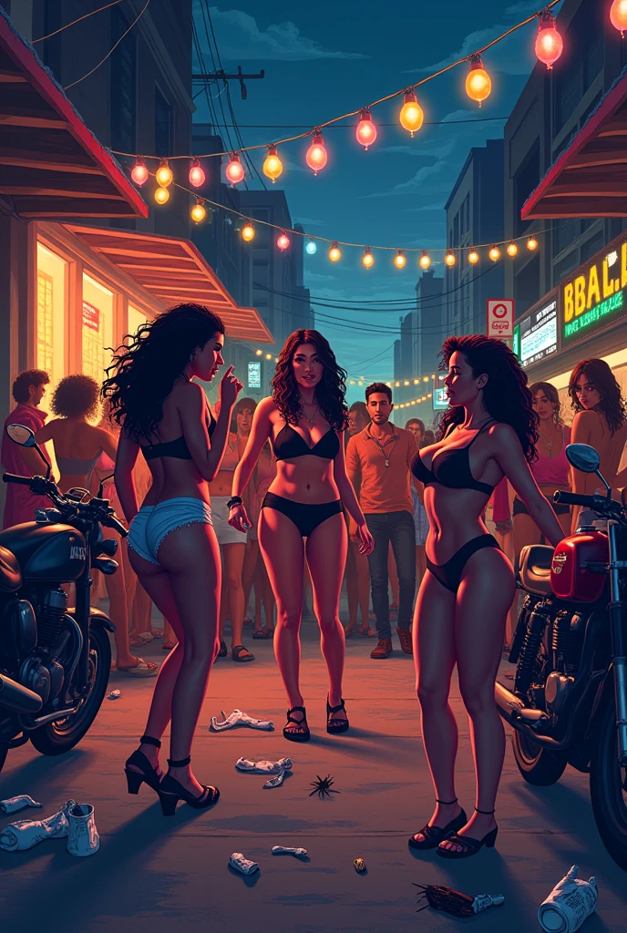 CREATE A PIXEL ART of an image where we have a city party at night, How are the communities of Brazil,where is the funk party taking place?, and whoredom. women dancing in short clothes and tiny bikinis , motorcycles parked, beer cans spilling on the floor and used condoms, 2 or panties thrown on the floor. a vendor with a Styrofoam box on his shoulder. asphalt floor, dog feces, bitten barbecue with flies on top, a couple having sex in the background, In the middle of the crowd.
