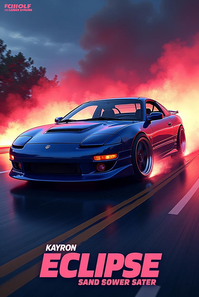 
"I would like to create art for my music album titled 'Eclipse'. The album concept is inspired by the Eclipse car from the movie 'Fast and Furious'. The art should reflect a dynamic and energetic style, with elements that evoke speed and the car aesthetic. The artist's name is Kayron and the musical style is phonk, Put the name KAYRON on the front of the car with the song name ECLIPSE below it, 