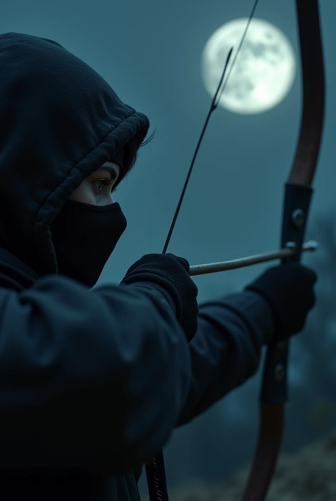 Close-up from aside A hyper-realistic image of a woman wearing like a ninja that covered her head, nose and her mouth shooting an arrow. It's dark at night. The ninja is aiming the arrow at the moon. The image should be focus at the side of her face. The arrow is pointed to the moon. Full moon.