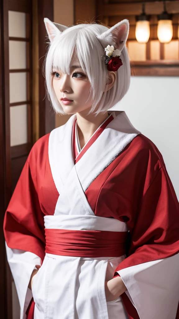 White Demon Fox、Nine-tailed Fox、Japanese women、kimono、Fair skin、Red lines on face、8K、I have white hair、Bobshort hair