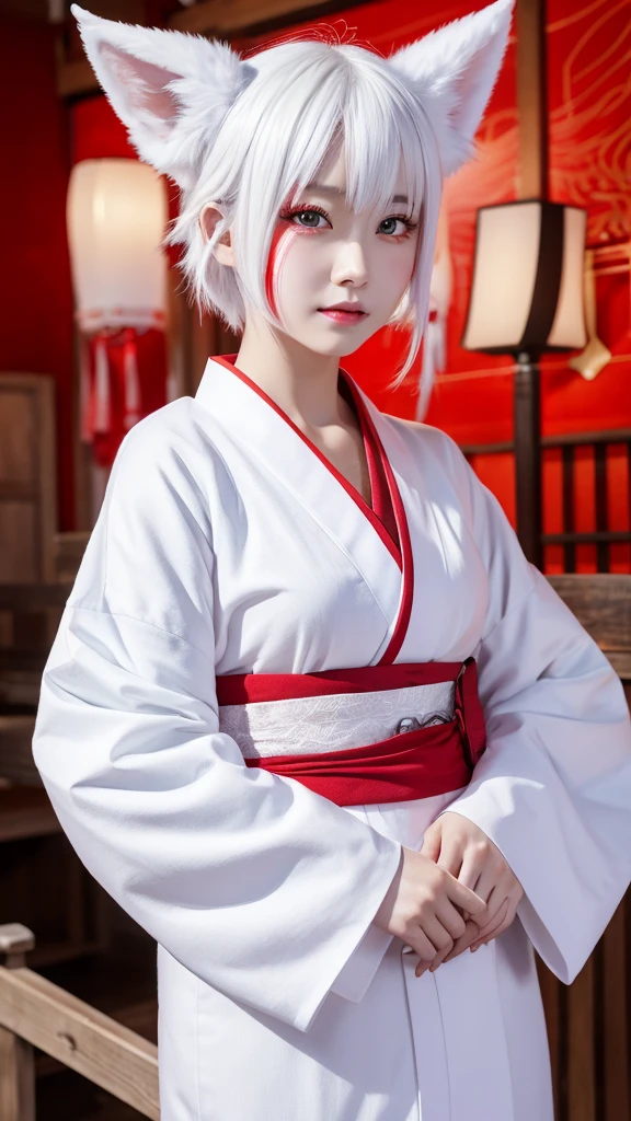 White Demon Fox、Nine-tailed Fox、Japanese women、kimono、Fair skin、Red lines on face、8K、I have white hair、Bobshort hair